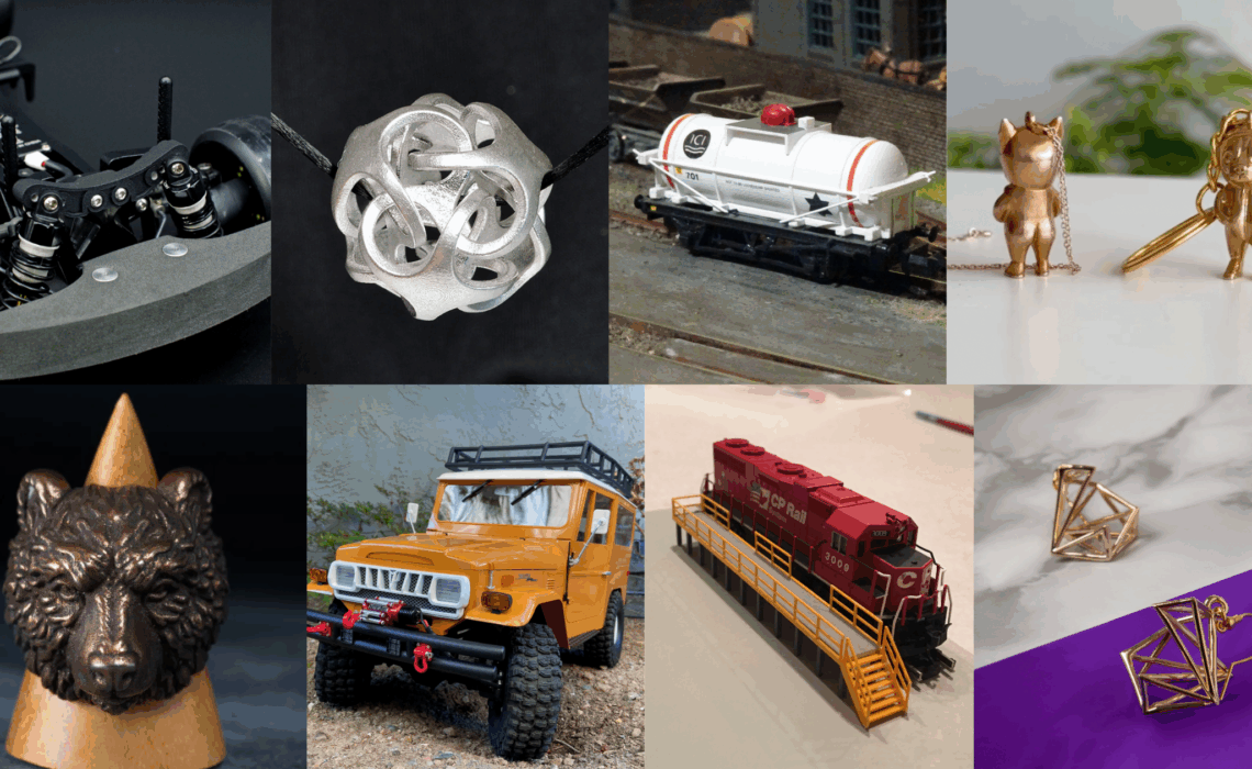 A showcase of 3D-printed designs from the Thangs Marketplace, including jewelry, collectibles, models, and prototypes.